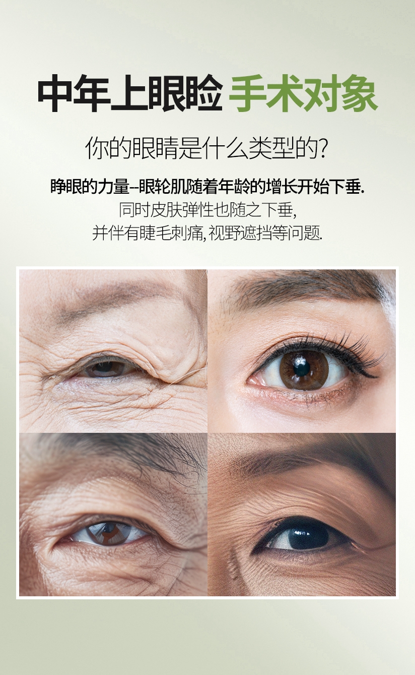 中年上眼睑 手术对象 你的眼睛是什么类型的? 睁眼的力量--眼轮肌随着年龄的增长开始下垂. 同时皮肤弹性也随之下垂, 并伴有睫毛刺痛, 视野遮挡等问题.