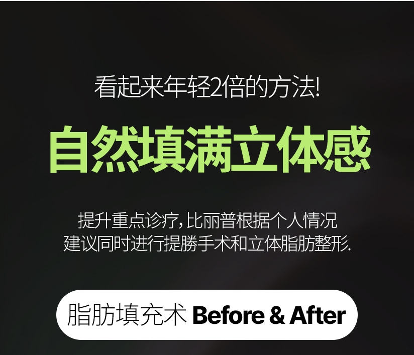 看起来年轻2倍的方法! 自然填满立体感 提升重点诊疗, 比丽普根据个人情况 建议同时进行提勝手术和立体脂肪整形. 