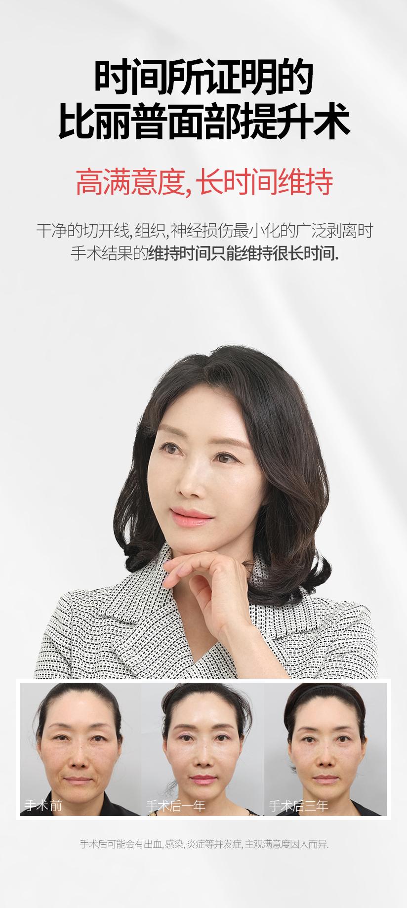 时间所证明的 比丽普面部提升术 高满意度, 长时间维持 干净的切开线、组织, 神经损伤最小化的广泛剥离时 手术结果的维持时间只能维持很长时间. 手术 前 手术后一年  手术后三年 手术后可能会有出血, 感染, 炎症等并发症, 主观满意度因人而异.