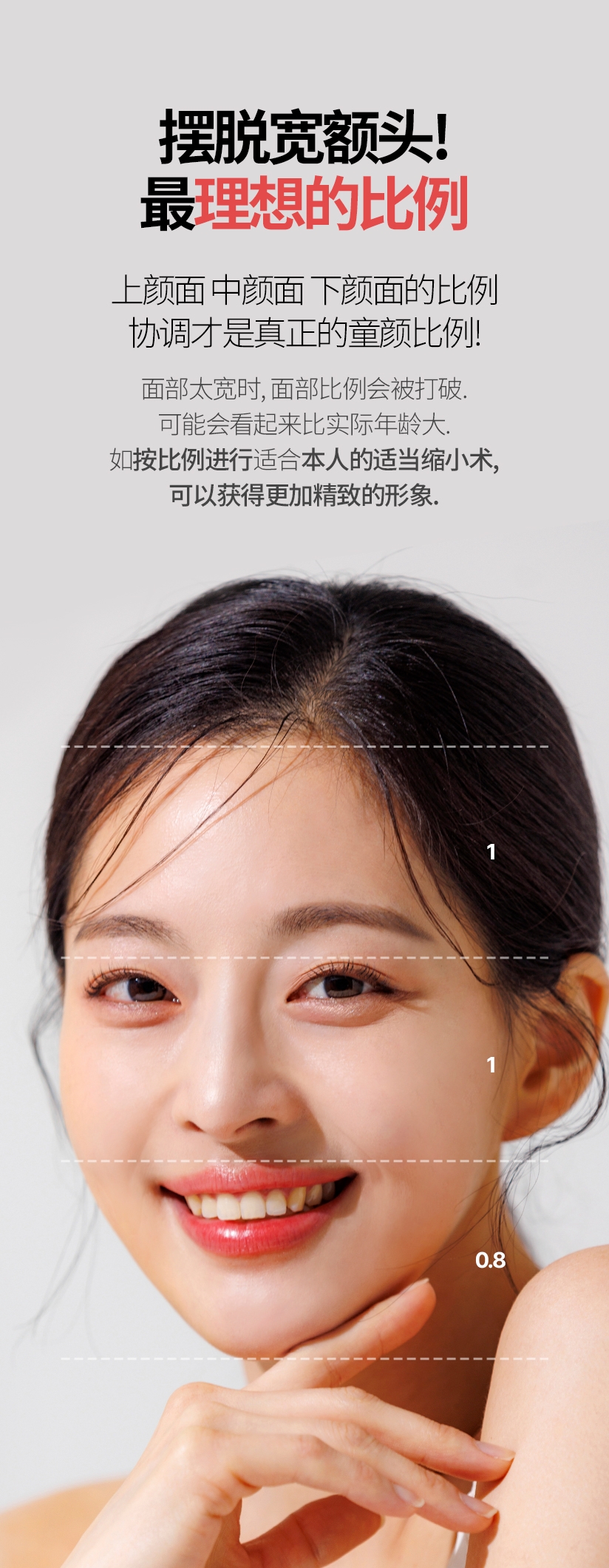 摆脱宽额头！最 理想的比例 上颜面 中颜面 下颜面的比例 协调才是真正的童颜比例！面部太宽时, 面部比例会被打破. 可能会看起来比实际年龄大. 如按比例进行适合本人的适当缩小术,可以获得更加精致的形象.