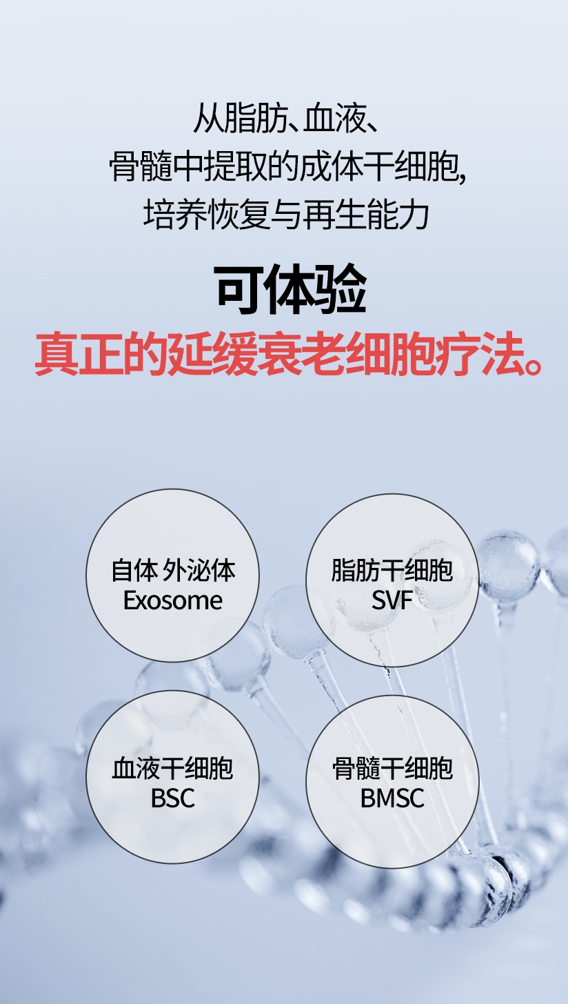 从脂肪、血液、骨髓中提取的成体干细胞，培养恢复与再生能力 可体验 真正的延缓衰老细胞疗法。 自体 外泌体 Exosome 脂肪干细胞 SVF 血液干细胞 BSC 骨髓干细胞 BMSC